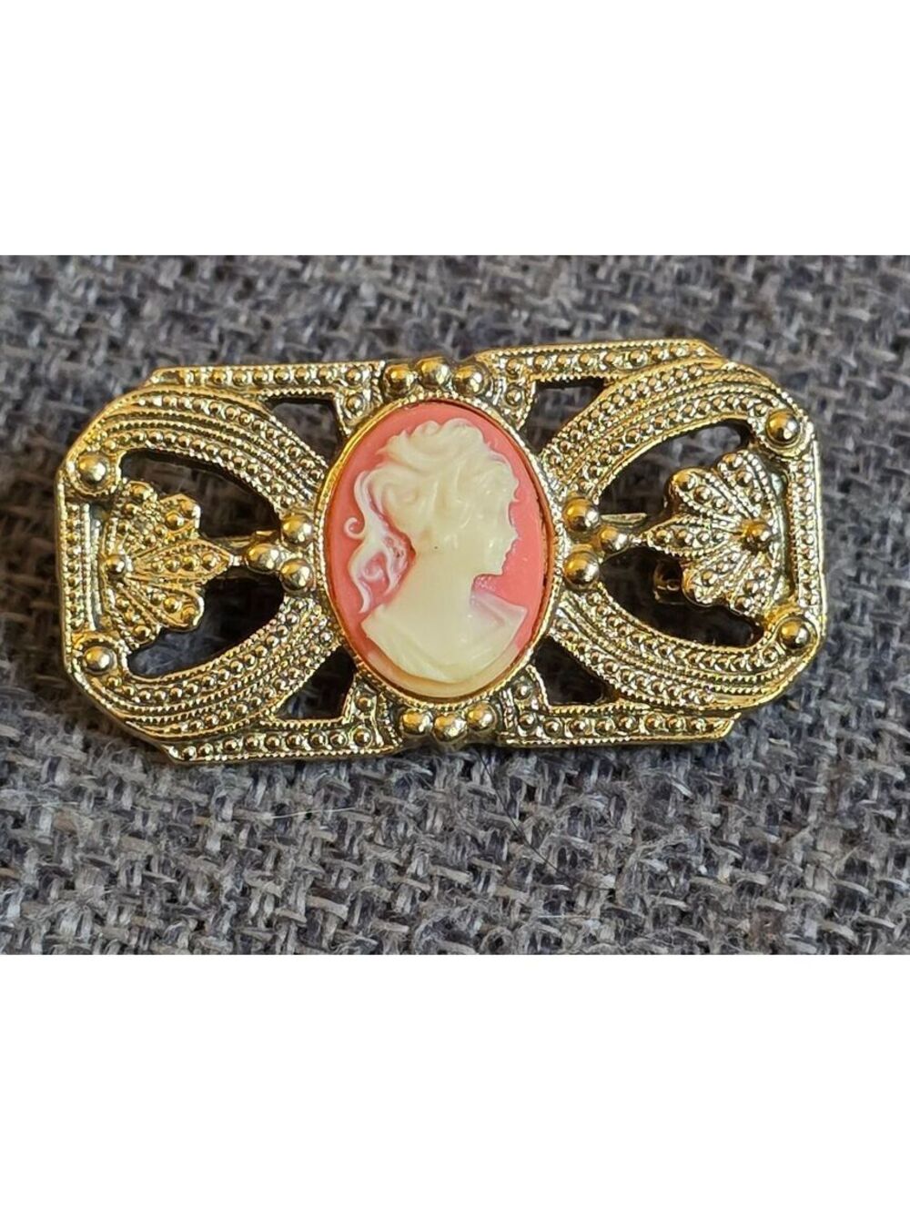 Vintage Gold-Tone Filigree Faux Coral Cameo Pin Brooch
